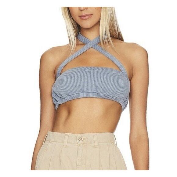 NWT WeWoreWhat Tie Halter Bra Top XS Wide Rib Storm Blue Cropped Crisscross $49 - Picture 1 of 6